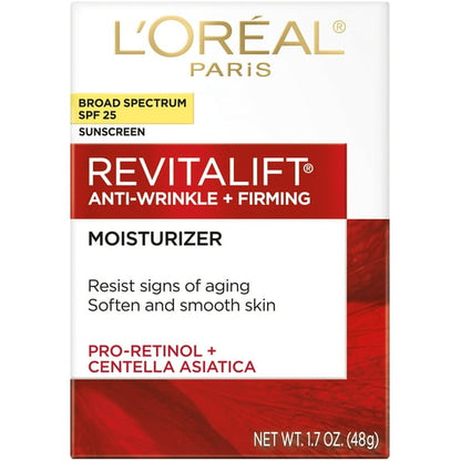 L'Oréal Paris Revitalift Anti-Wrinkle and Firming Face Moisturizer with SPF 25, Pro-Retinol and Centella Asiatica, Paraben Free, 1.7 oz