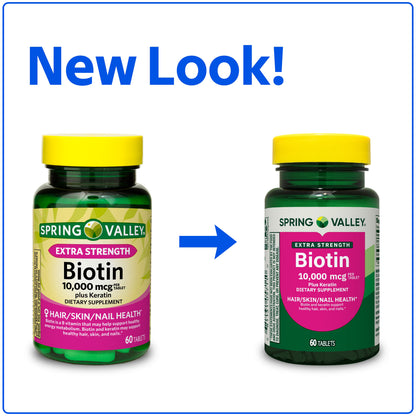 Spring Valley Extra Strength Biotin Plus Keratin Dietary Supplement Tablets for Hair/Skin/Nail Health, 10,000 mcg, 60 Count
