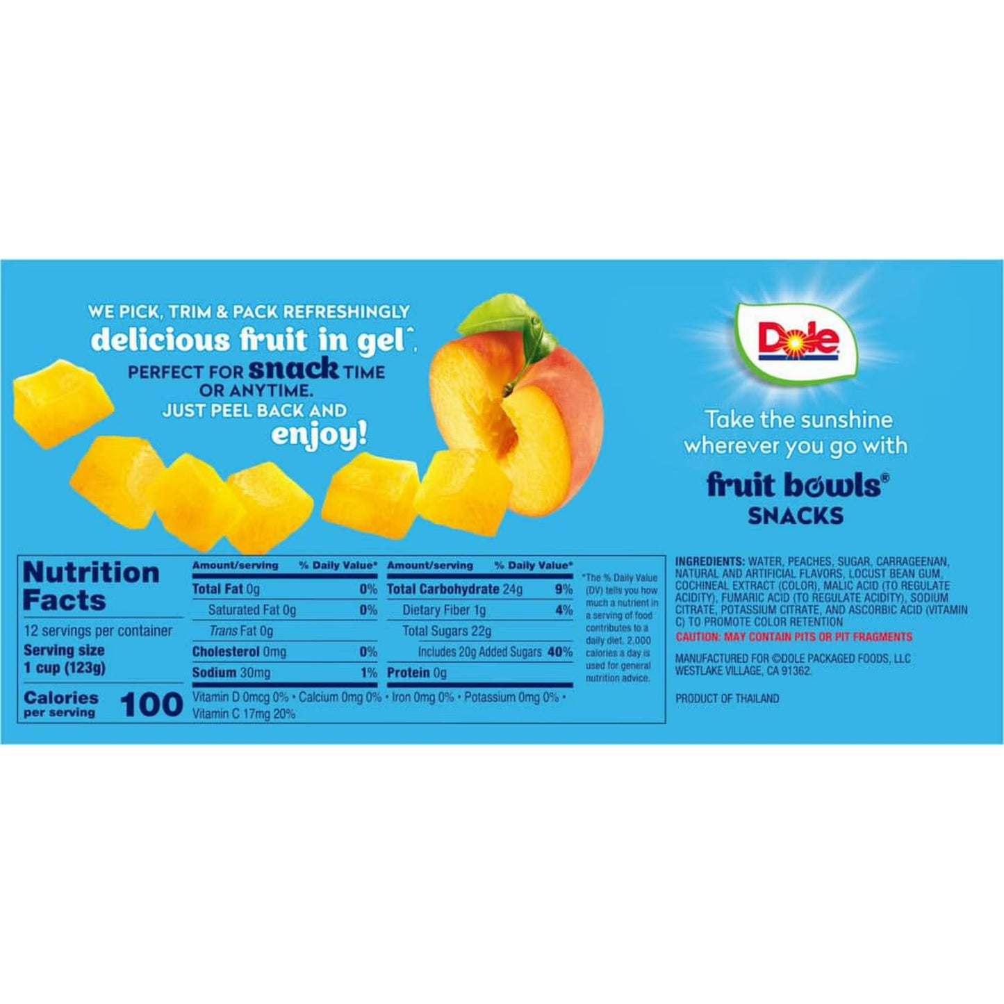 Dole Fruit Bowls Diced Peaches in Strawberry Gel, 4.3 oz Cups (12 Pack)