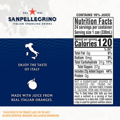 SanPellegrino Soda Italiana Sparkling Orange, 24 Pack Cans