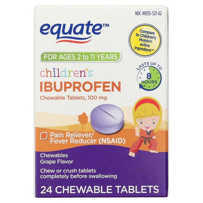 Equate Children's Pain Reliever/Fever Reducer Ibuprofen Chewable Tablets, Grape Flavor, 100 mg, 24 Count