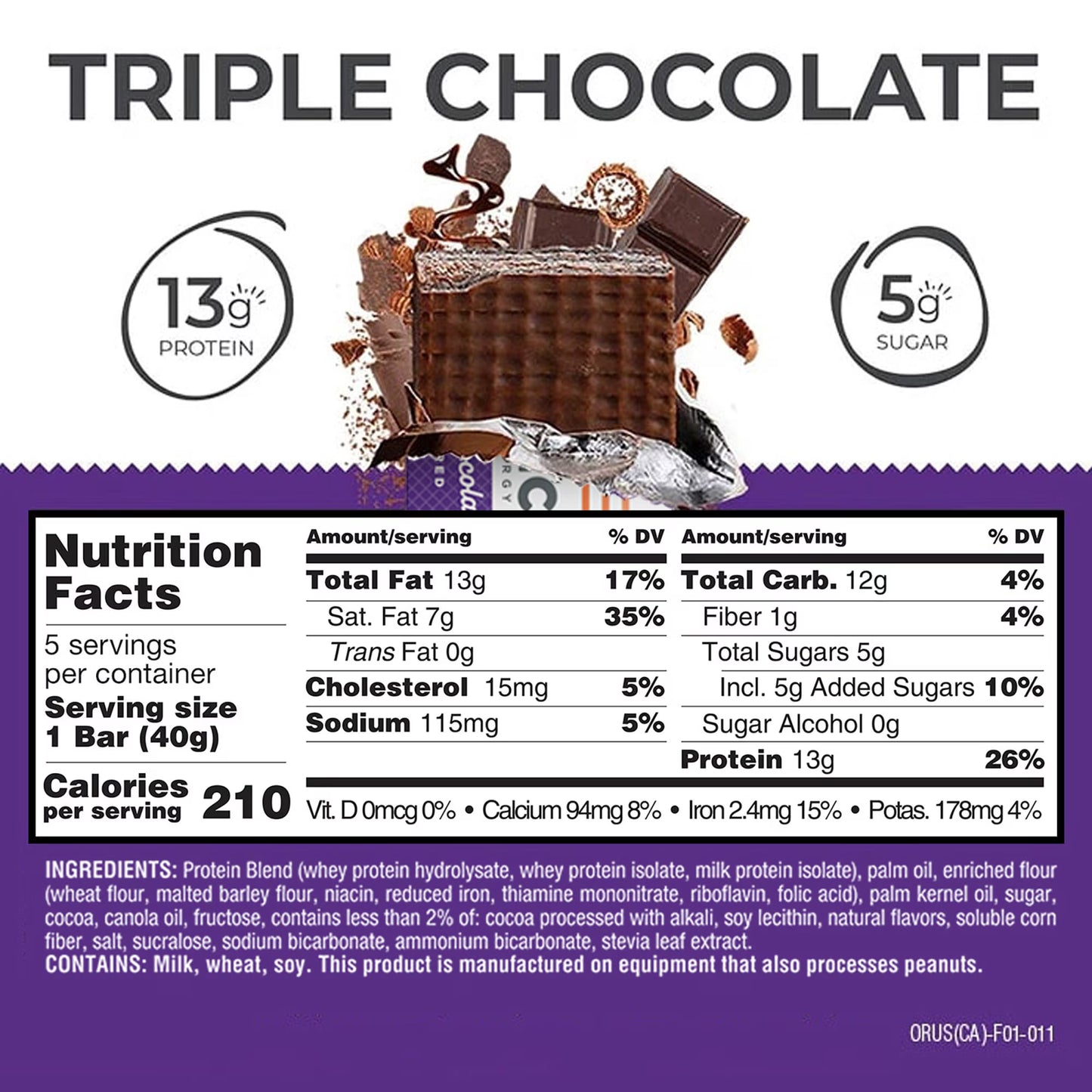 Power Crunch Protein Energy Bars, Triple Chocolate 1.4 oz, 5 Count Carton