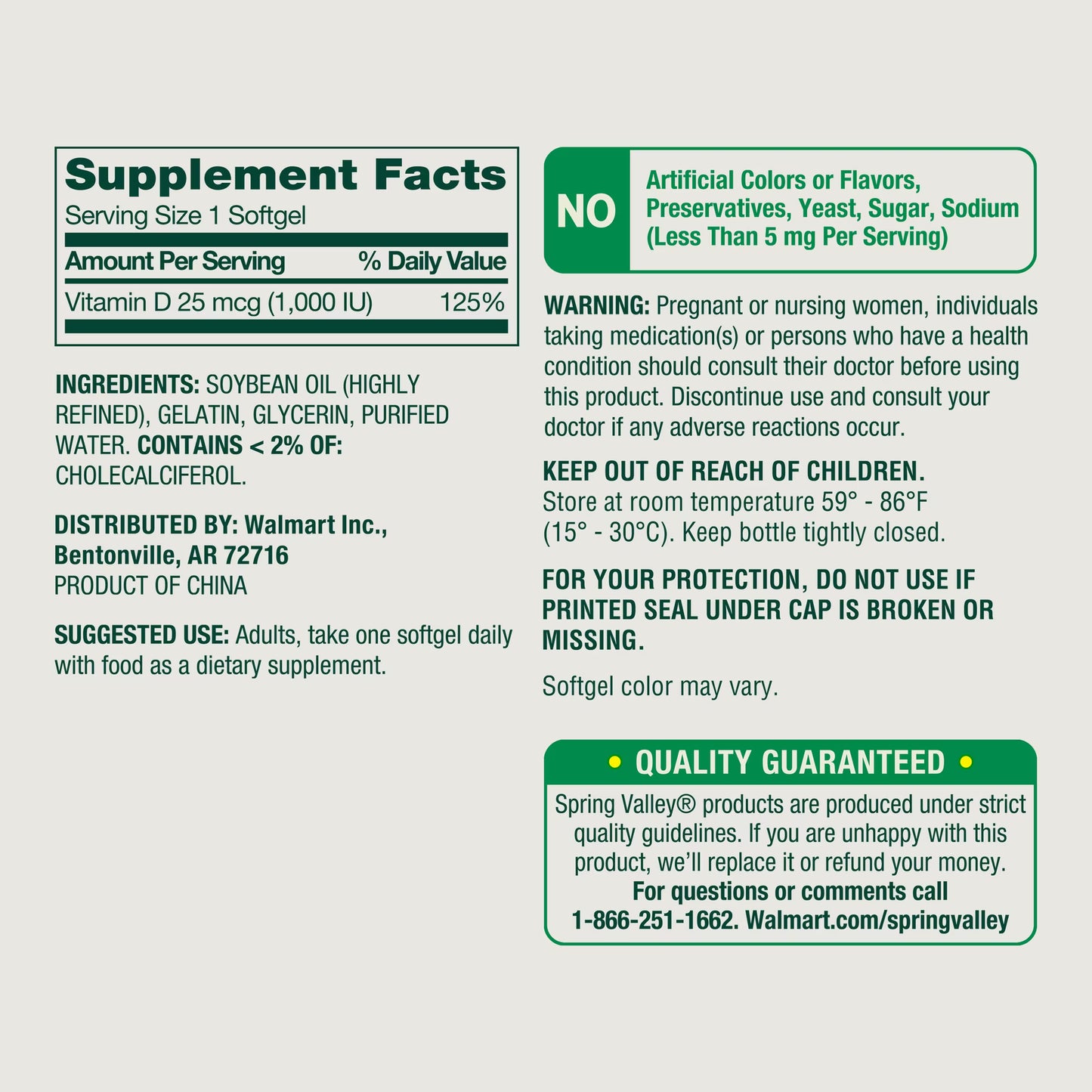 Spring Valley Vitamin D3 Softgels, 25 mcg (1000 IU), 450 Count, Supplement for Bone and Immune Health