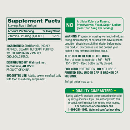 Spring Valley Vitamin D3 Softgels, 25 mcg (1000 IU), 450 Count, Supplement for Bone and Immune Health