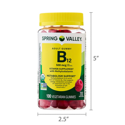 (4 pack) Spring Valley Vitamin B12 Supplement Vegetarian Gummies for Metabolism Support, Raspberry Flavor, 500 mcg, 100 Count