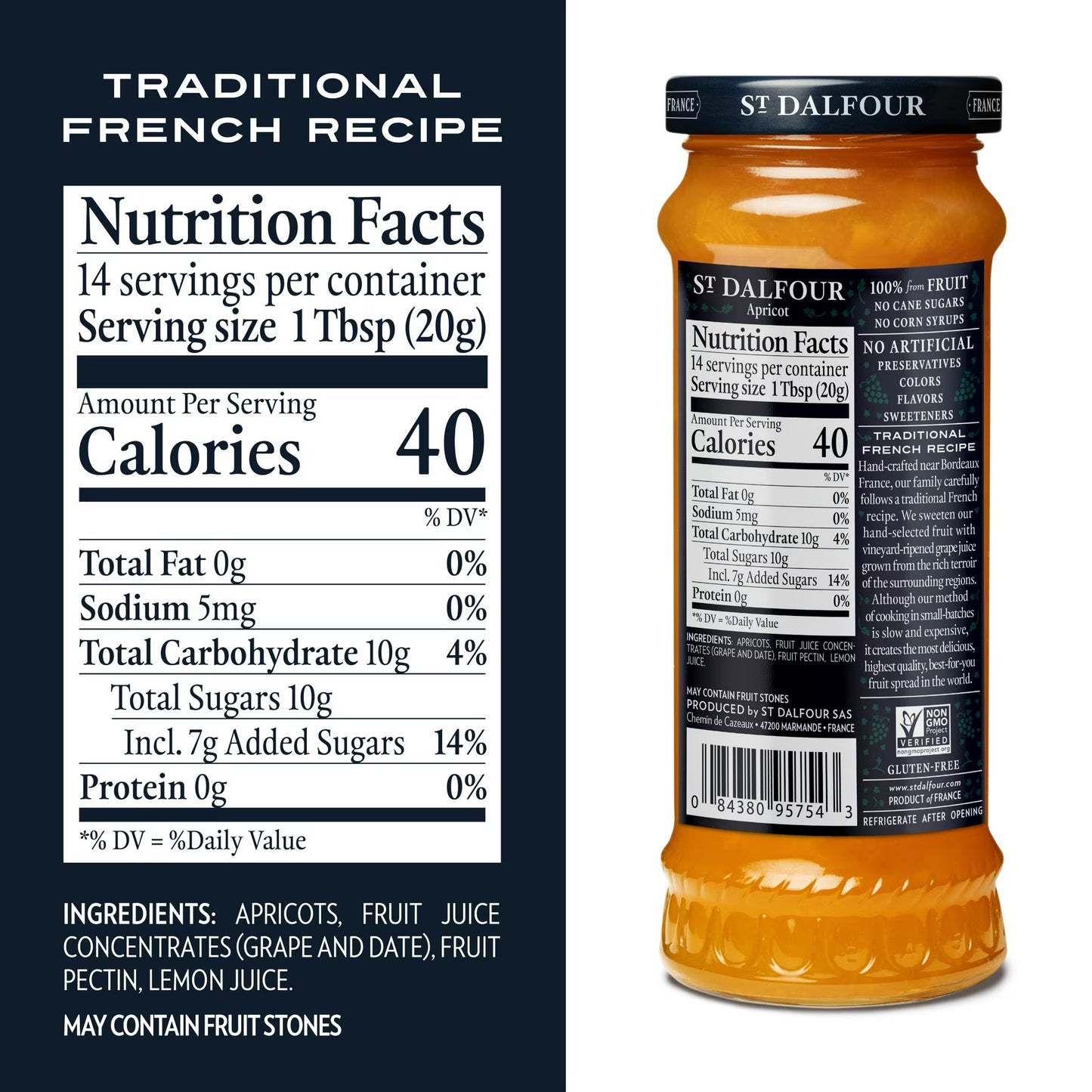 St Dalfour Apricot Fruit Spread, 100% from Fruit, Vegan & Gluten Free, 10 oz Jar