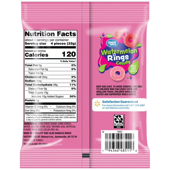 Great Value Watermelon Rings Gummy Candy, 4 oz