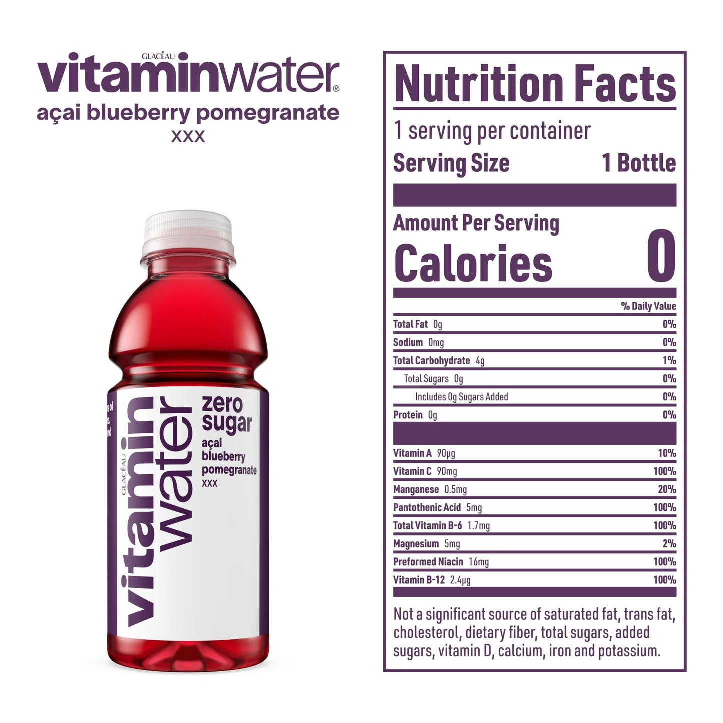 vitaminwater XXX Zero Sugar Acai-Blueberry-Pomegranate Water Beverage Bottles, 16.9 fl oz, 6 Pack