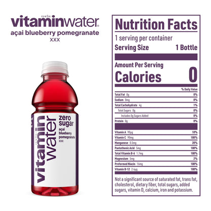 vitaminwater XXX Zero Sugar Acai-Blueberry-Pomegranate Water Beverage Bottles, 16.9 fl oz, 6 Pack