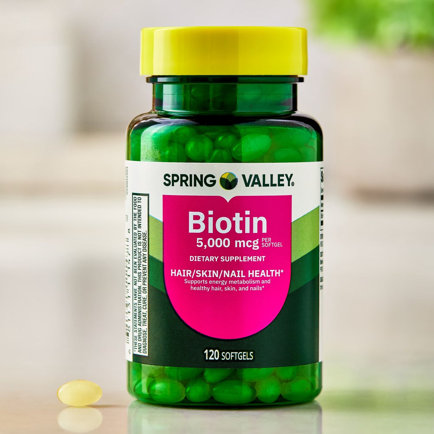 Spring Valley Biotin Hair/Skin/Nails Health Dietary Supplement Softgels, 5,000 mcg, 120 Count