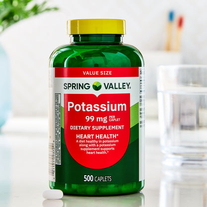 Spring Valley Potassium Dietary Supplement Caplets for Heart Health, 99 mg, 500 Count Value Size
