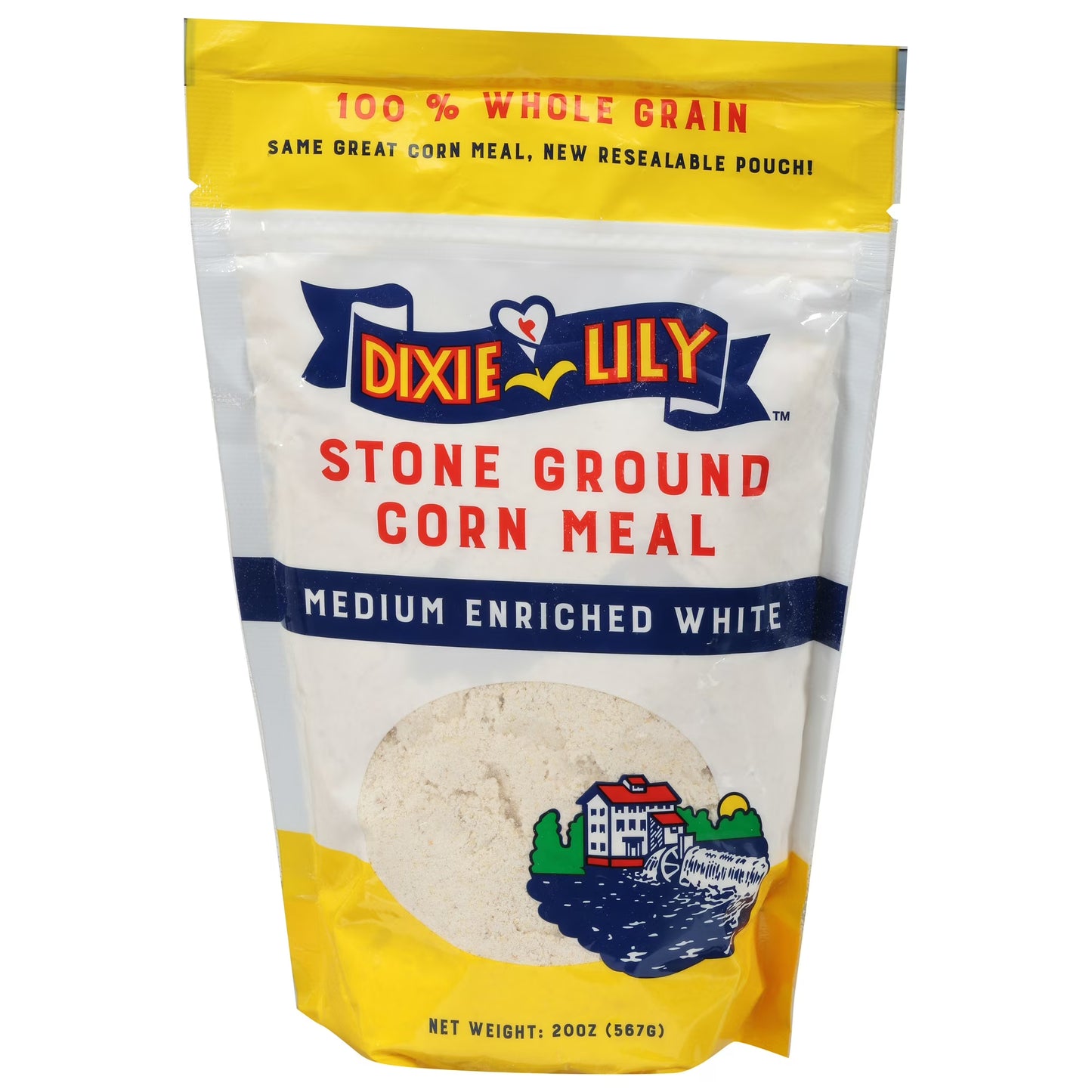Dixie Lily Whole Grain Stone Ground Corn Meal, Medium Enriched White, 20 oz Resealable Pouch