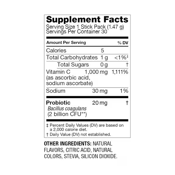 Spring Valley Zero Sugar Daily Immunity with Probiotics Dietary Supplement Powder for Immune and Digestive Support, 0.05 oz Sticks, 30 Count