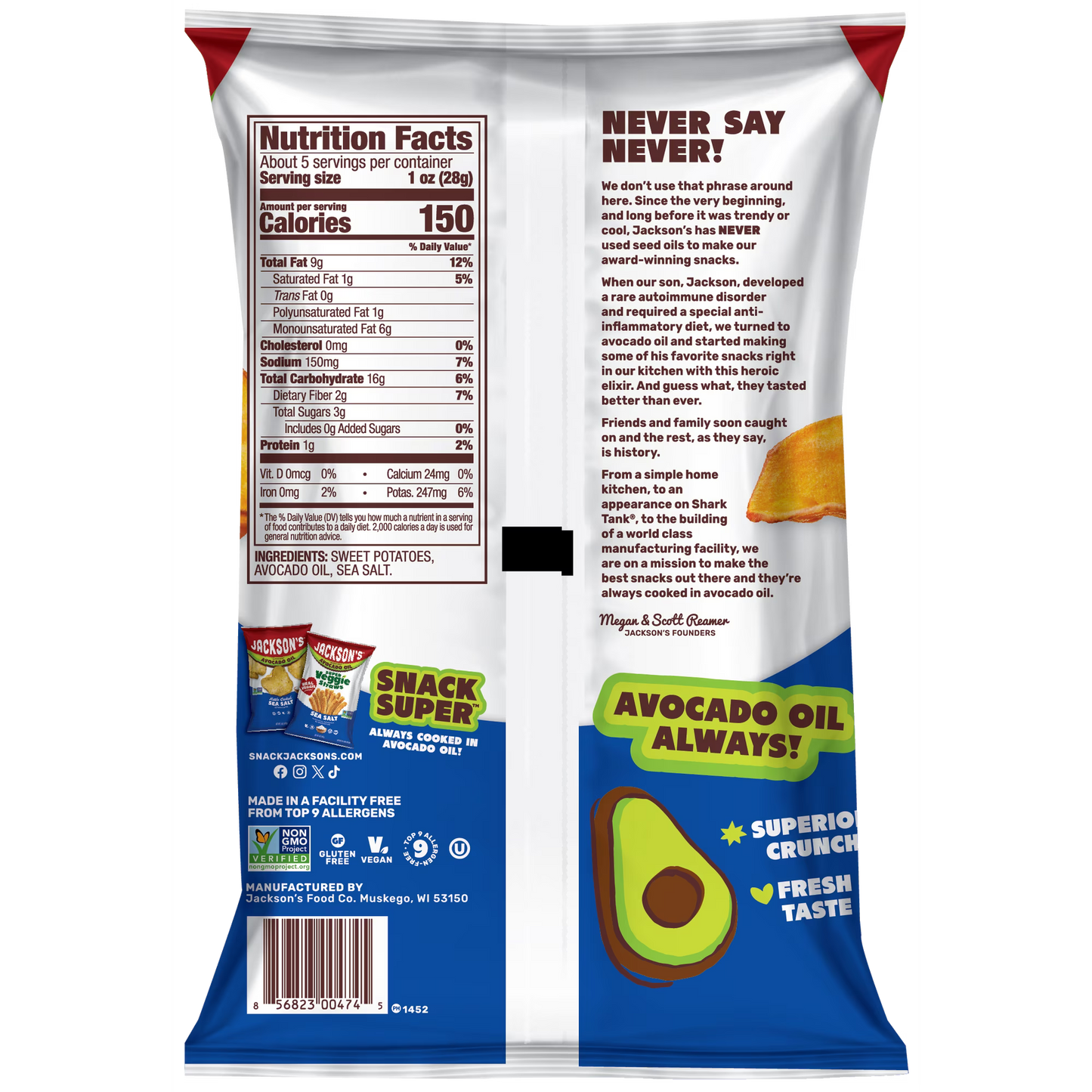 Jackson's Sweet Potato Kettle Chips with Sea Salt, Avocado Oil, Free of Top 9 Allergens, 5 oz