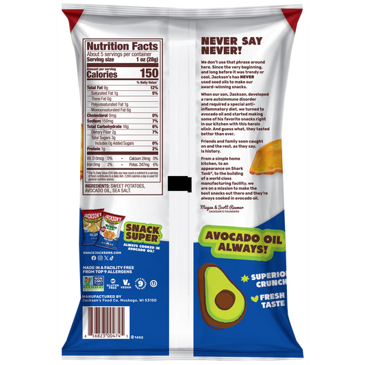 Jackson's Sweet Potato Kettle Chips with Sea Salt, Avocado Oil, Free of Top 9 Allergens, 5 oz