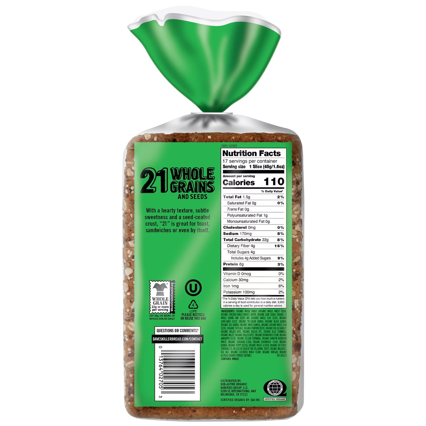 Dave's Killer Bread 21 Whole Grains and Seeds, Whole Grain Organic Bread, 27 oz Loaf