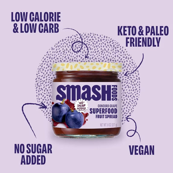 (3 pack) Smash Foods, Grape Jam, No Sugar Added, Low-Calorie, Vegan (1 Jar)