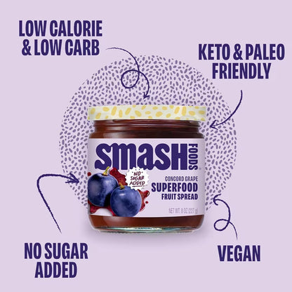 (3 pack) Smash Foods, Grape Jam, No Sugar Added, Low-Calorie, Vegan (1 Jar)