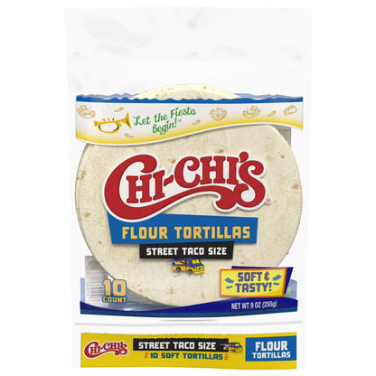 (6 pack) CHI-CHI'S Flour Tortillas Street Taco Size, Shelf Stable, 9oz Resealable Plastic Package, (10 Tortillas)