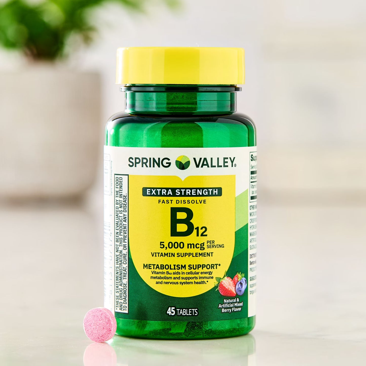 (3 pack) Spring Valley Fast-Dissolve Extra Strength Vitamin B12 Dietary Supplement Tablets for Metabolism Support, Mixed Berry, 5000 mcg, 45 Count