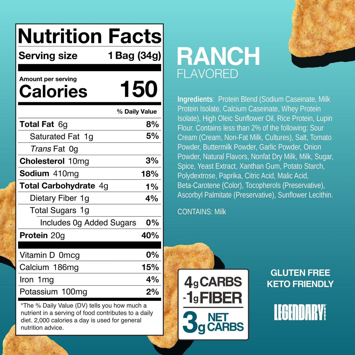 Legendary Popped Protein Chips, 20g Protein, Ranch, 34g per individual bag