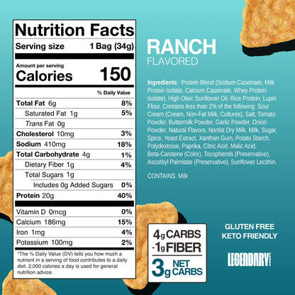 Legendary Popped Protein Chips, 20g Protein, Ranch, 34g per individual bag