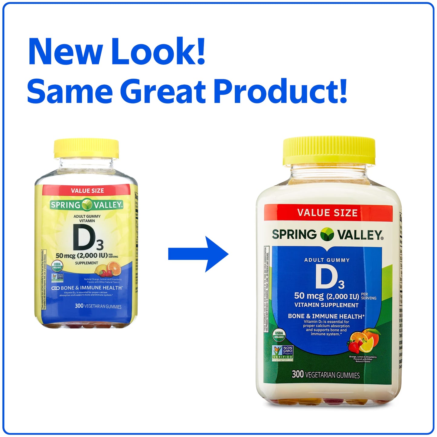 Spring Valley Vitamin D3 Gummies, 50 mcg, 300 Count, Assorted Fruits, Supplement Vegetarian Gummies for Bone and Immune Health