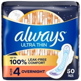 Always Ultra Thin Overnight Pads with Wings, Size 4, Overnight, 50 Count