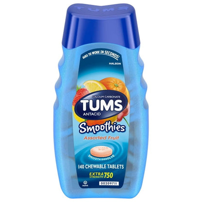 Tums Smoothies Extra Strength Heartburn Relief Chewable Antacid Tablets, Fruit, 140 Count