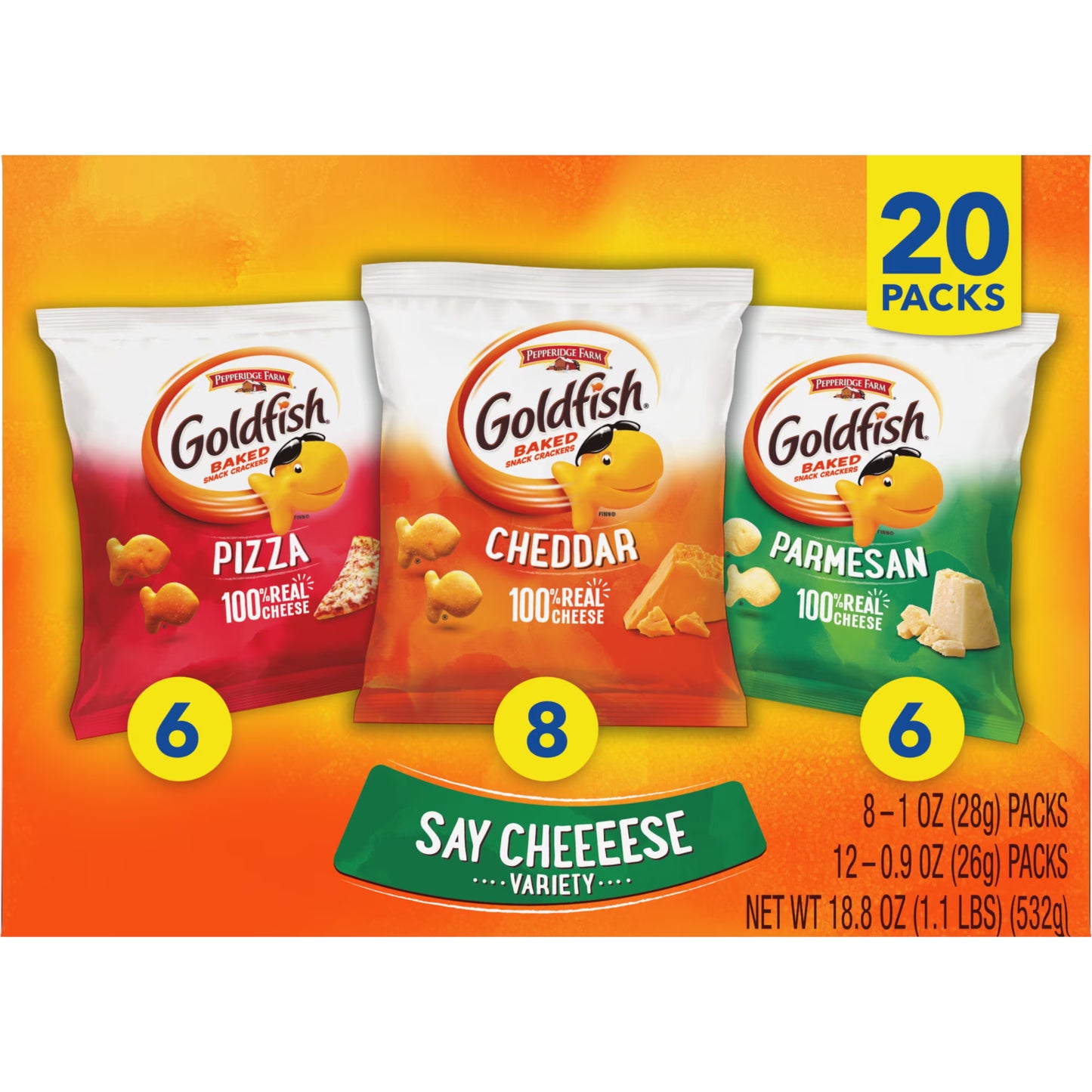 Goldfish Crackers Say Cheeeese Variety Pack with Cheddar, Pizza and Parmesan, Snack Packs, 20 Count