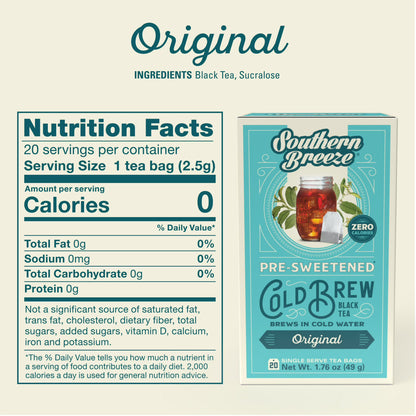 Southern Breeze Cold Brew Sweet Tea Original Iced Tea with Black Tea and Zero Carbs Zero Sugar, 20 Individually Wrapped Tea Bags Southern Sweet Tea Iced Tea Beverage