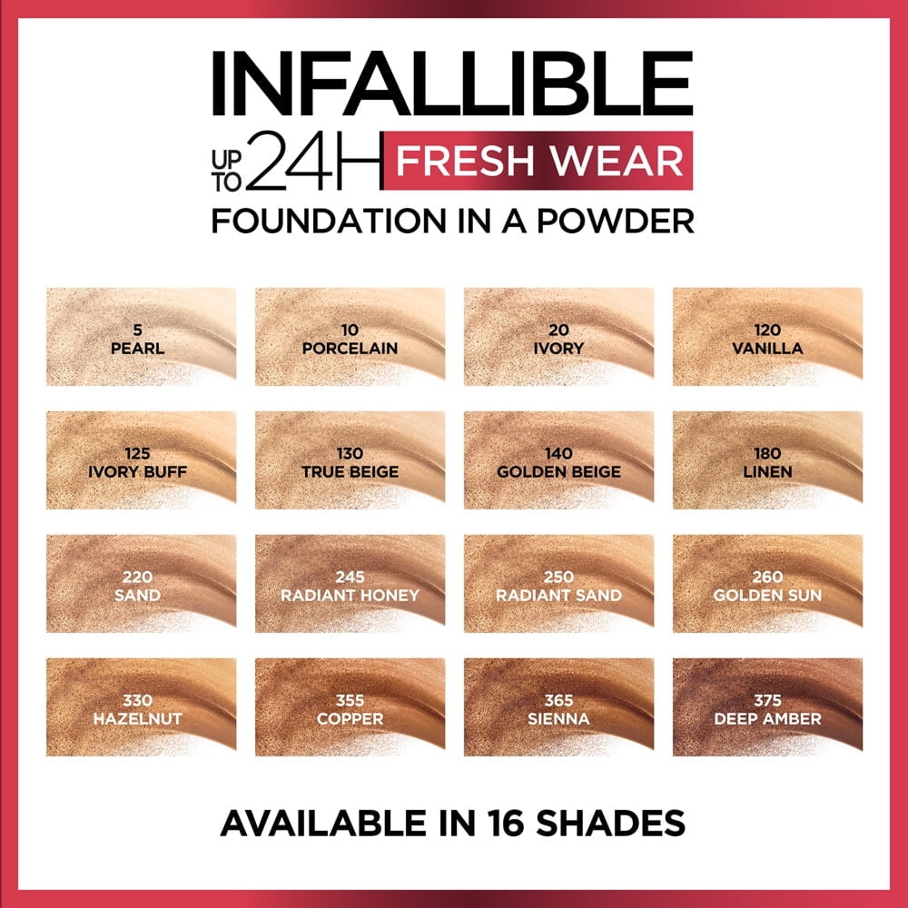 L'Oréal Paris Infallible Fresh Wear 24 Hr Foundation in a Powder, for All Skin Medium Tone, 130 True Beige, 1 fl oz