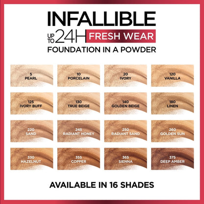 L'Oréal Paris Infallible Fresh Wear 24 Hr Foundation in a Powder, for All Skin Medium Tone, 130 True Beige, 1 fl oz