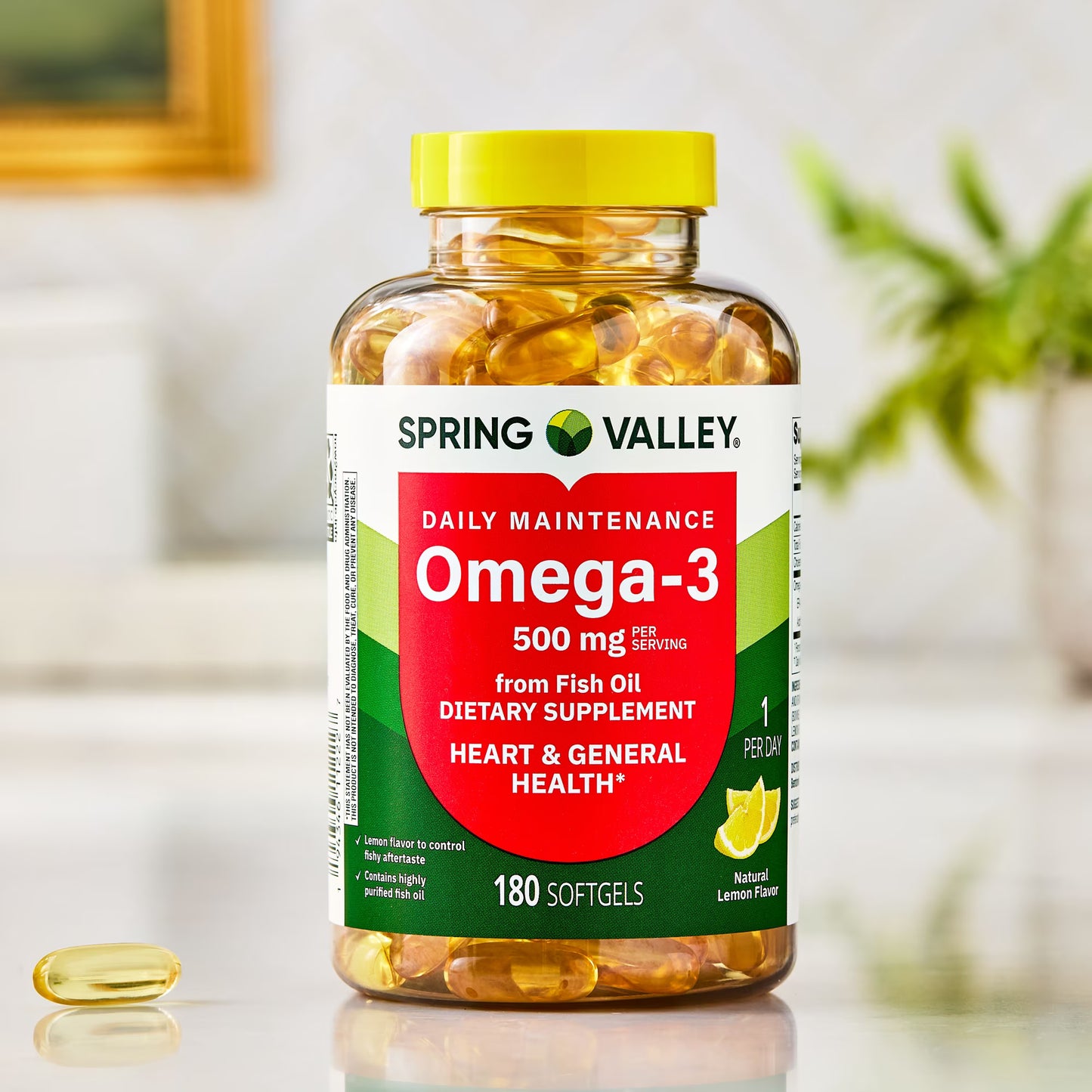 Spring Valley Daily Maintenance Omega-3 From Fish Oil Dietary Supplement Softgels for General & Heart Health, Lemon Flavor, 500 mg, 180 Count