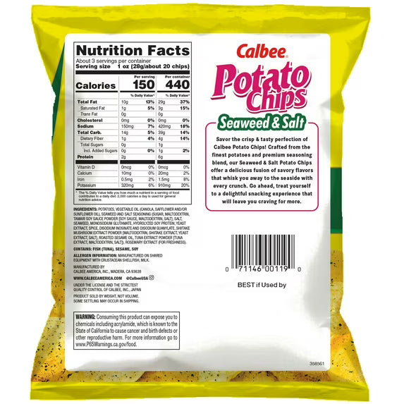 Calbee Potato Chips Seaweed & Salt Flavored 2.8 oz