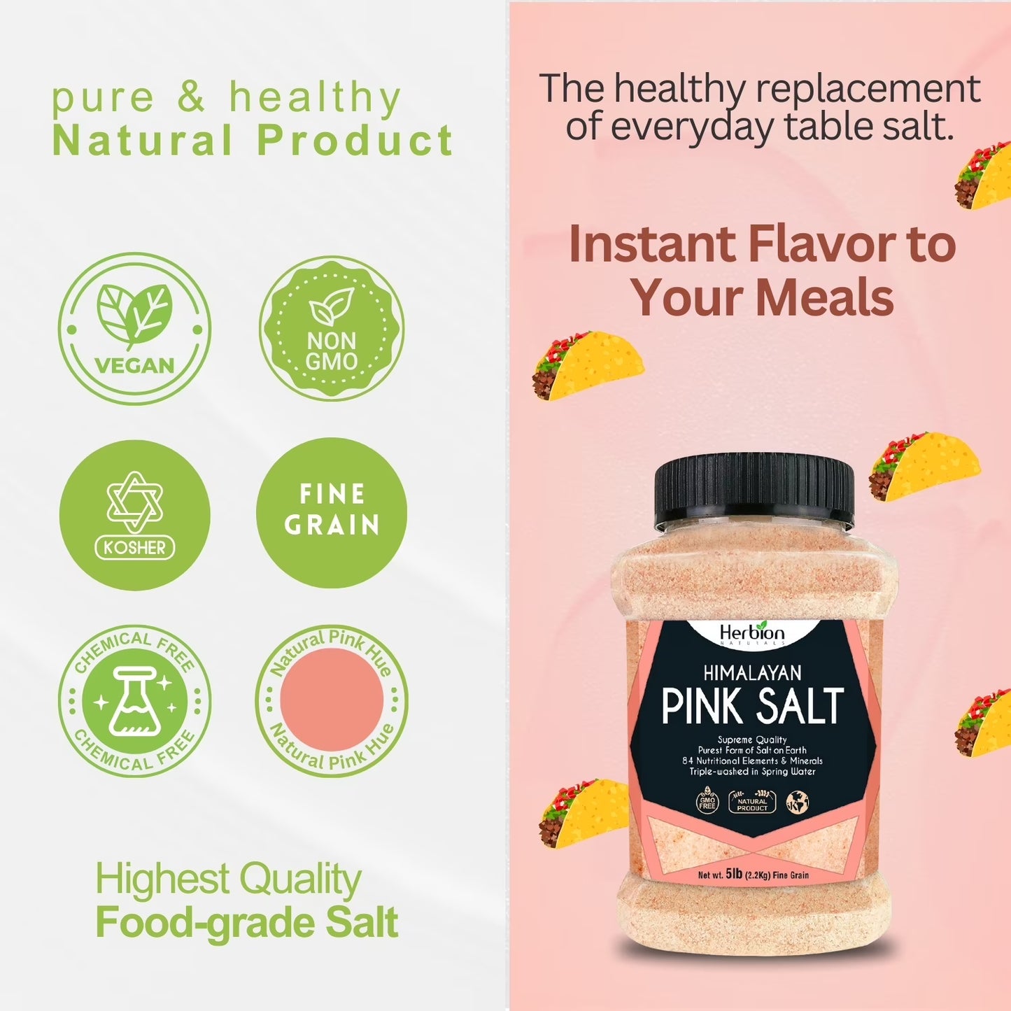 Herbion Himalayan Pink Salt, Fine Grain, 5 lb (2.2 Kg) Jar, All-Natural, Vegan, Kosher Certified, Triple-Washed