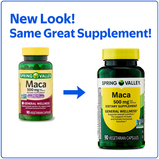 Spring Valley Maca Dietary Supplement Vegetarian Capsules for General Wellness, 500 mg, 90 Count