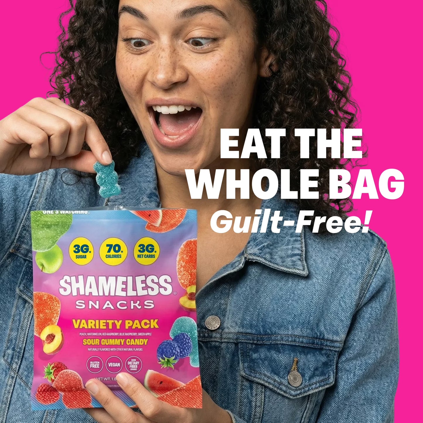 Shameless Snacks Variety Pack Low Calorie Sour Gummy Candy, Keto Friendly High Fiber Low Sugar Healthy Candy, Gluten Free Plant Based, 1.8 oz Bag