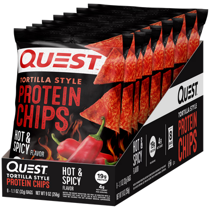 Quest Tortilla Style Protein Chips with 19g of Protein, Hot & Spicy Flavor, 1.1 Oz Bags, 8 Count