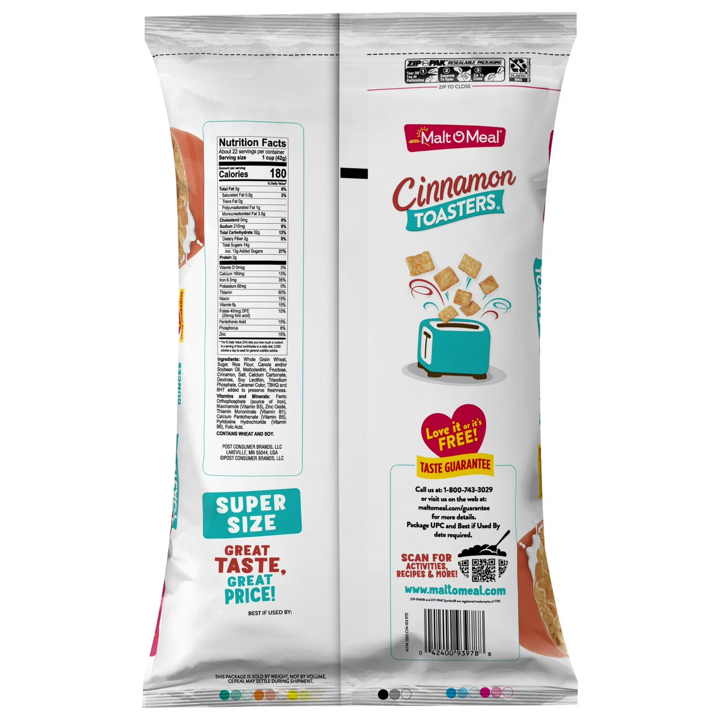 Malt-O-Meal Cinnamon Toasters Breakfast Cereal, Real Cinnamon Squares, 33 oz Bag