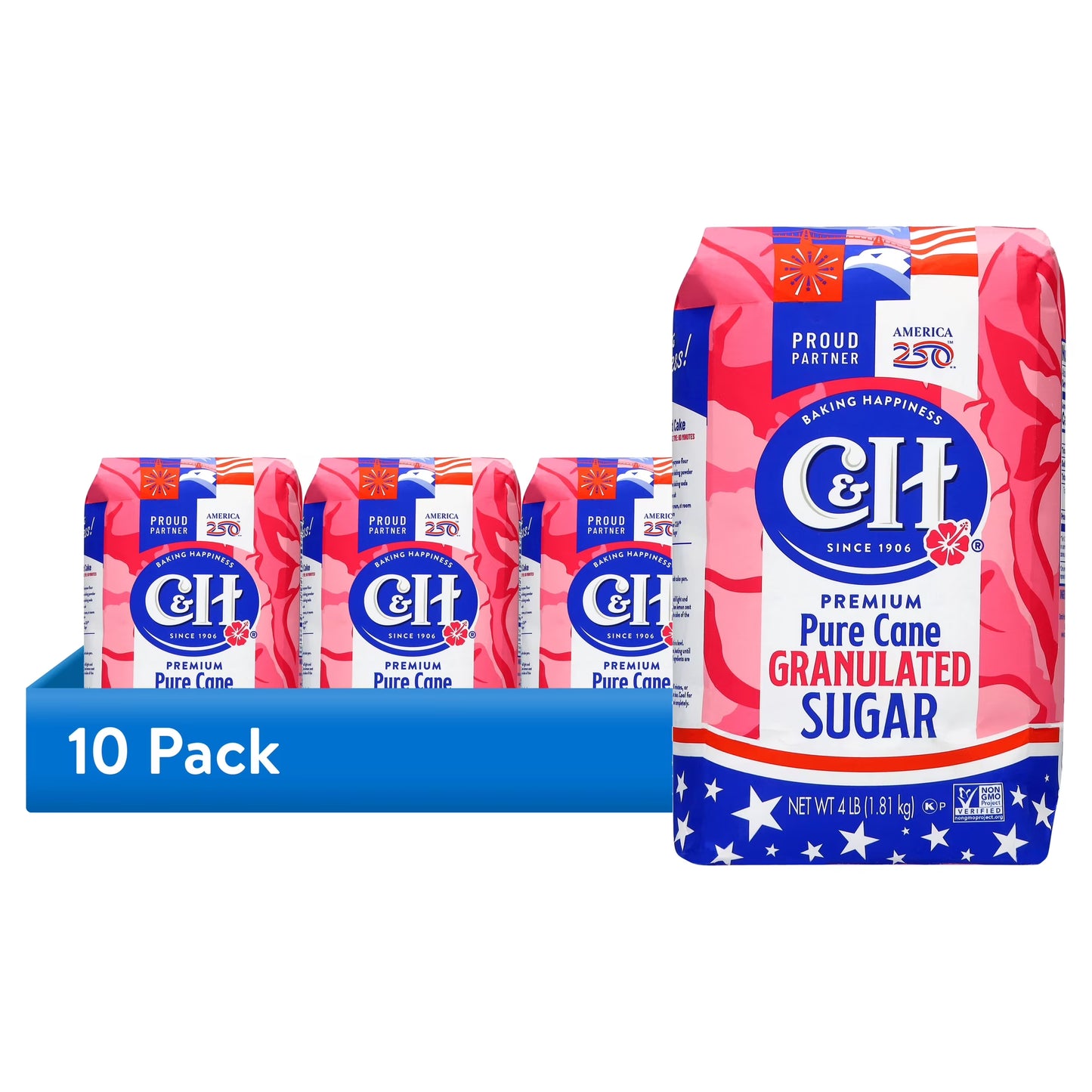 (10 pack) C&H Pure Cane Sugar, 4 lb Bag, Summer Baking, July 4th Desserts, Limited Edition