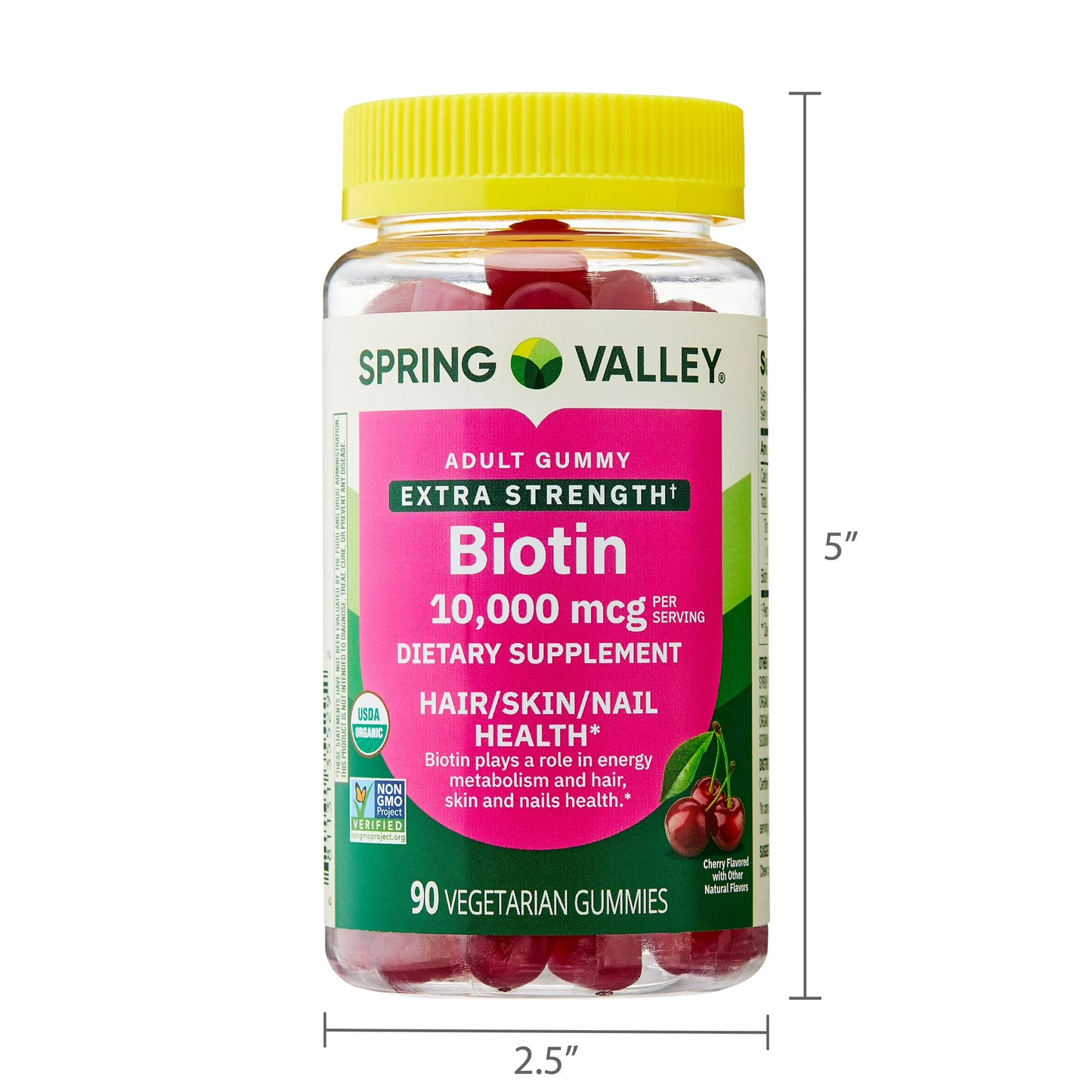 (3 pack) Spring Valley Organic Extra Strength Biotin Vegetarian Gummies for Hair/Skin/Nail Health, Cherry, 10000 mcg, 90 Count