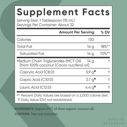 Sports Research 100% Keto MCT Organic Oil - Fatty Acid Fuel Triple Ingredient C8 C10 C12 (16oz)