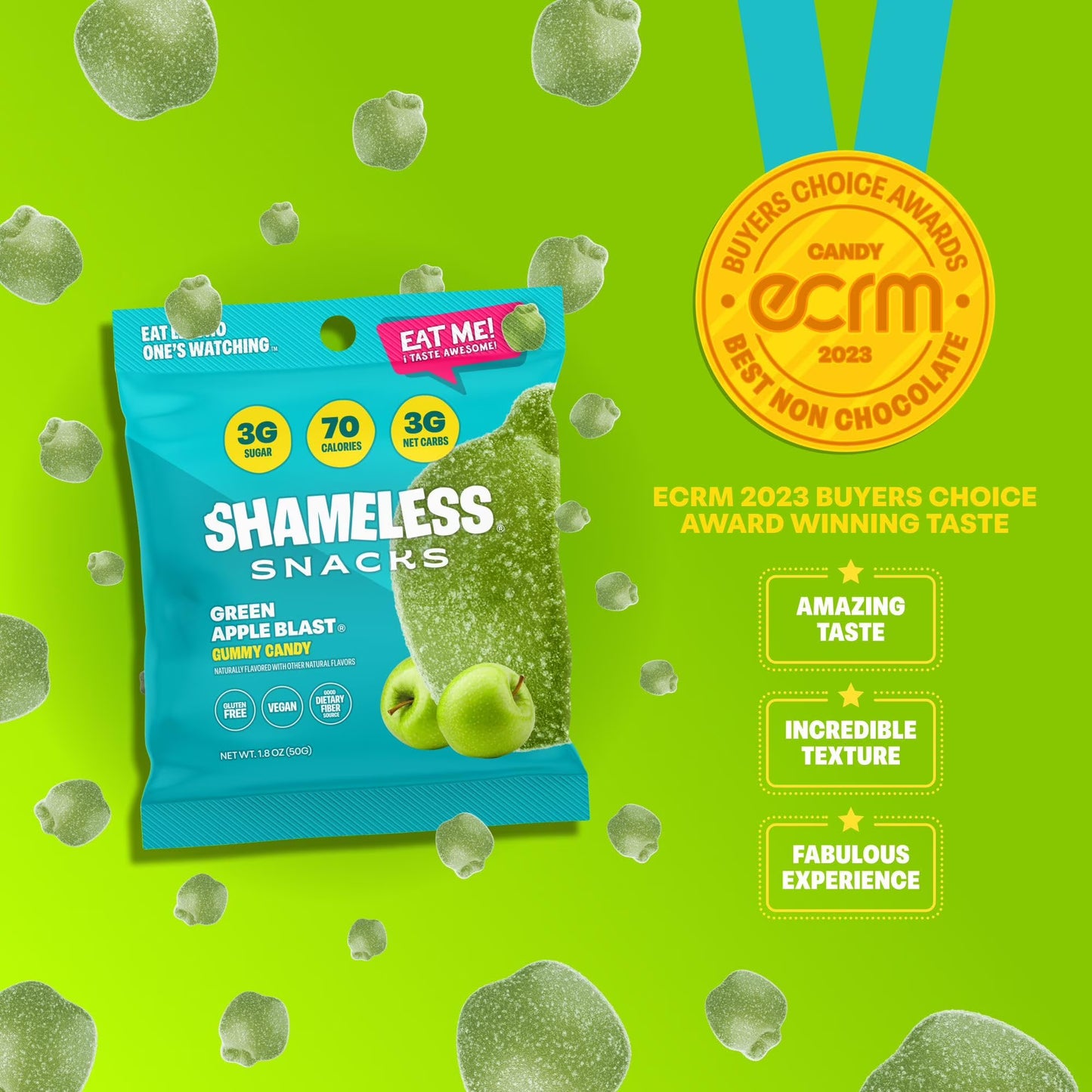 Shameless Snacks Green Apple Blast - Sour Candy & Fruit Snacks, Sour Apple Gummy Candy, Keto Snacks in Bulk, 3g Sugar Gluten Free Vegan for Kids & Adults