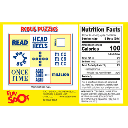 Tootsie, Dots Assorted Fruit Flavored Gumdrops, 6.5 oz. Peanut-Free, Gluten Free.