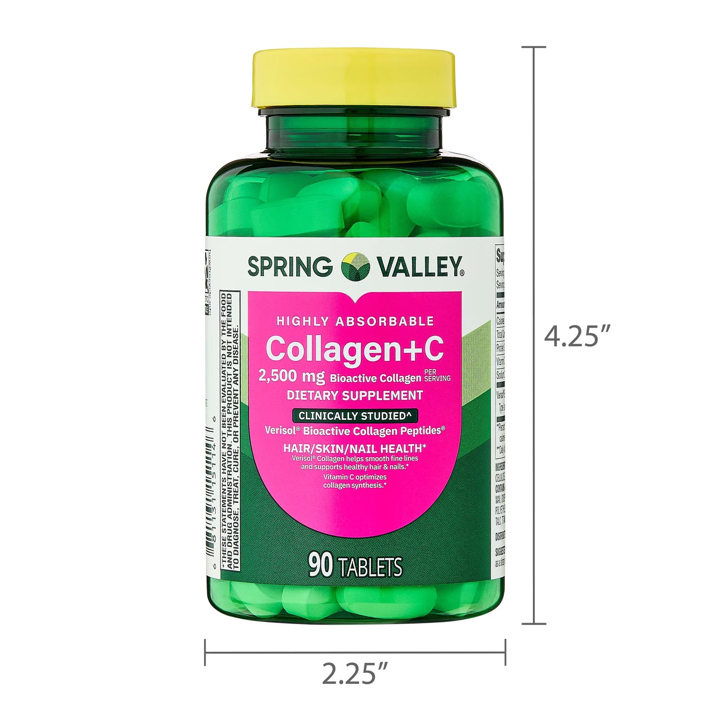 (3 pack) Spring Valley Highly Absorbable Collagen + C Tablets for Hair/Skin/Nail Health, 2,500 mg, 90 Count