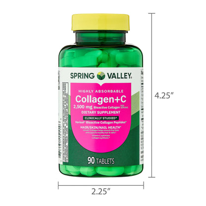 (3 pack) Spring Valley Highly Absorbable Collagen + C Tablets for Hair/Skin/Nail Health, 2,500 mg, 90 Count