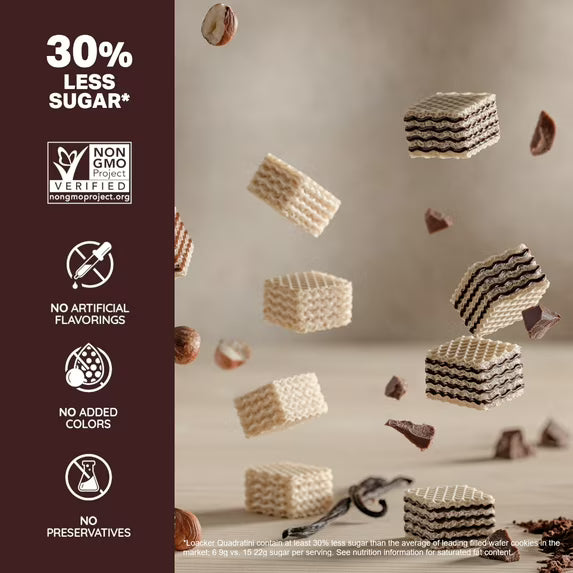 Loacker Quadratini Cocoa and Milk, Cream-Filled Bite-Size Wafer Cookies, 8.82 oz, Pack of 6