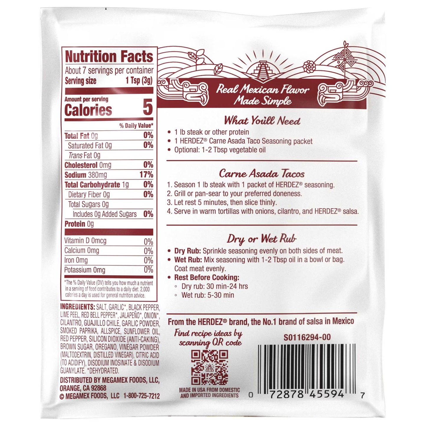HERDEZ Carne Asado Taco Seasoning Medium, Taco Seasoning with Chile & Garlic, 0.78oz Packet