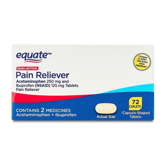 Equate Dual-Action Acetaminophen 250 mg and Ibuprofen (NSAID) 125 mg Pain Reliever Caplets, 72 Count, Compare to AdvilÂ Dual Action Active Ingredients